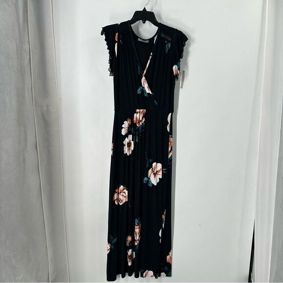 Loveappella Size M Black w/floral print Flutter Sleeve V-Neck Maxi Dress - Picture 1 of 10